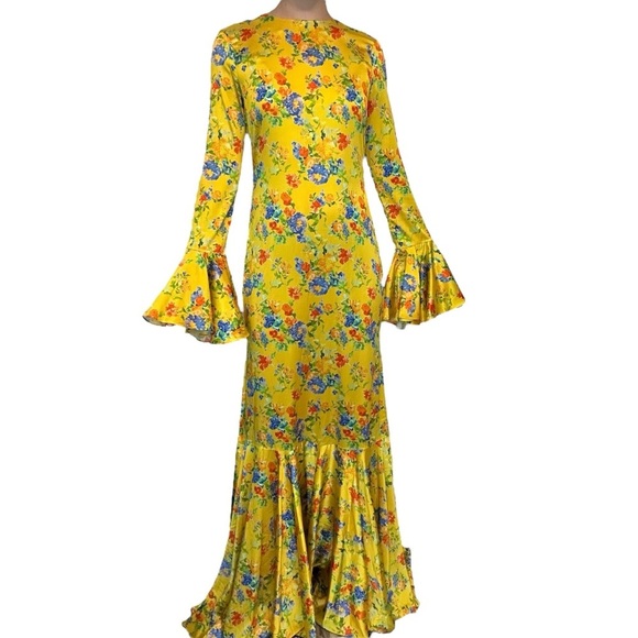 Caroline Constas Long Formal Gown Trumpet Silk Floral Boho Flare Size Large - Picture 2 of 8